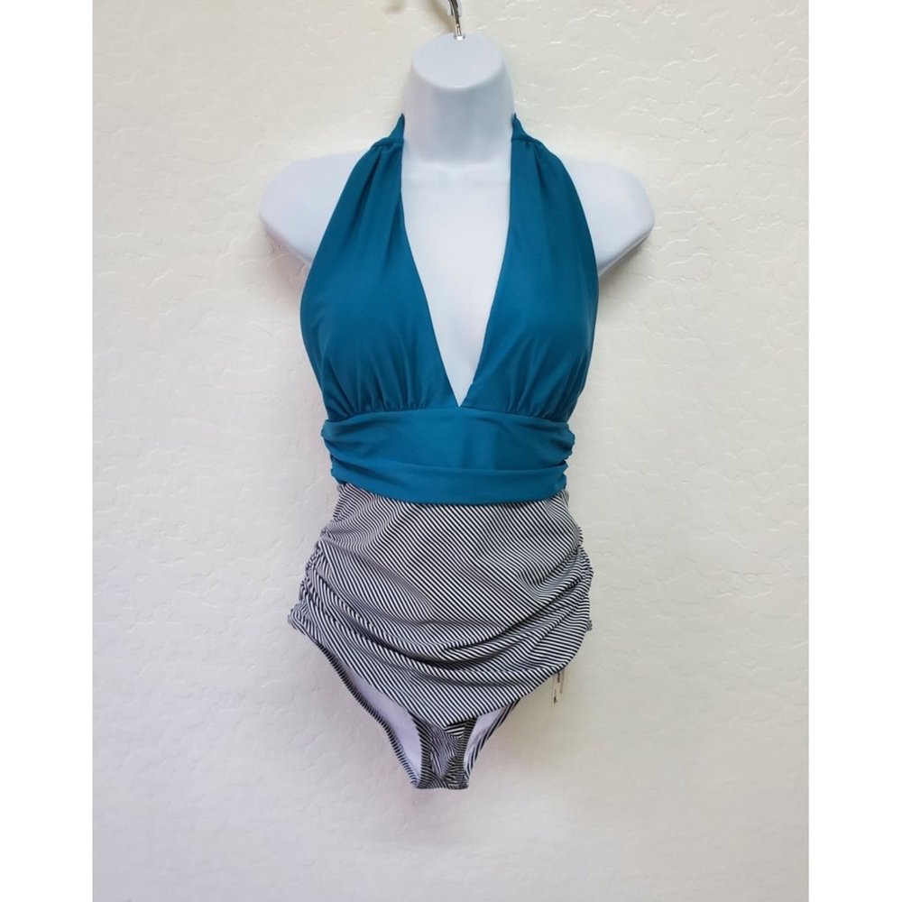 CUPSHE Women’s Medium One Piece Swimsuit Halter Two Tone  Teal/ Striped Black &
